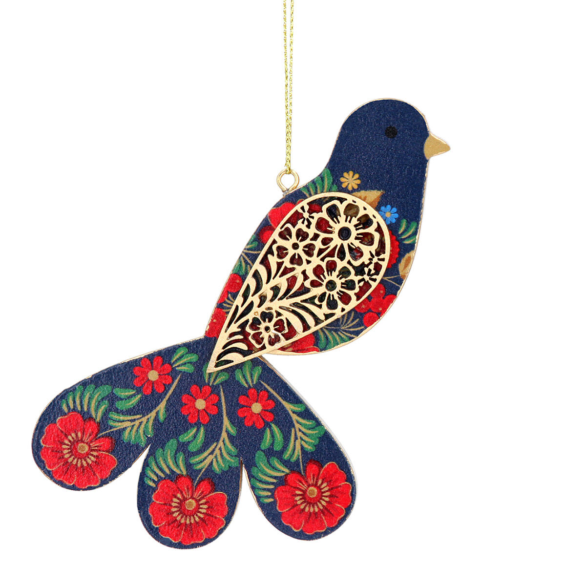 Folk Fantail Wooden Bird - Blue