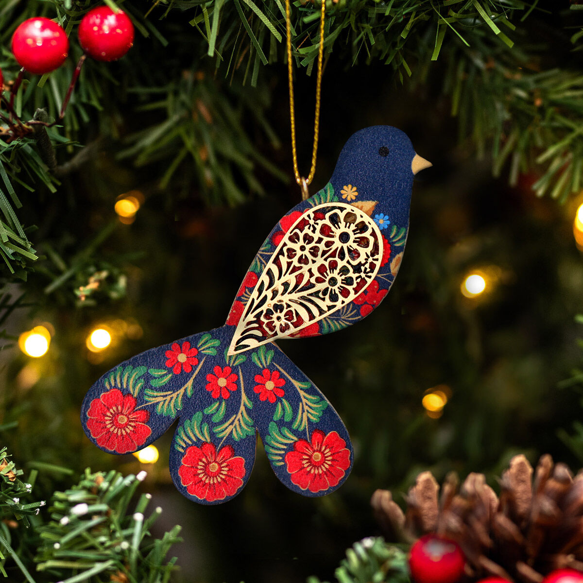 Folk Fantail Wooden Bird - Blue