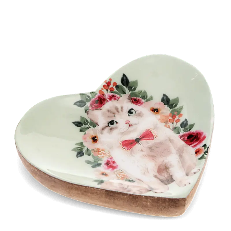 Rex London - Wooden heart-shaped trinket dish - Cat