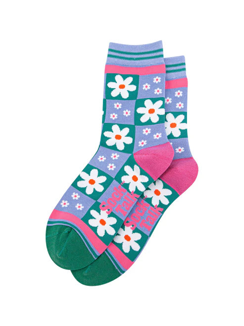 Sock Talk - Flower Checkerboard Bamboo Socks in Blue