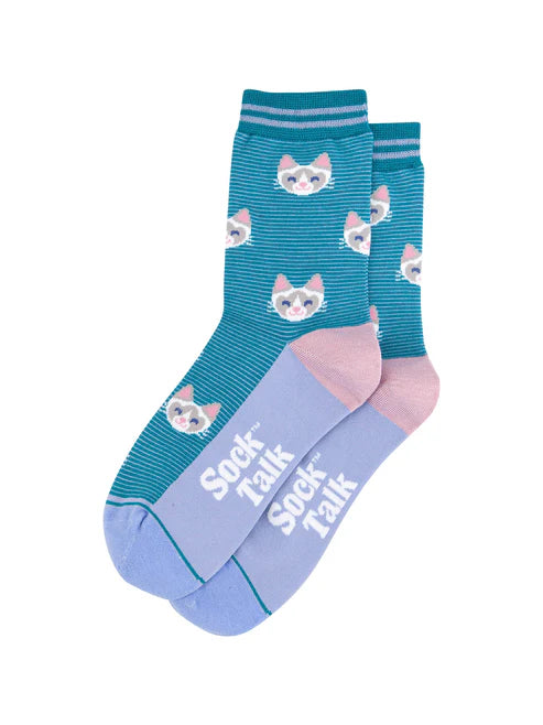 Sock Talk - Cats Striped Bamboo Socks in Teal