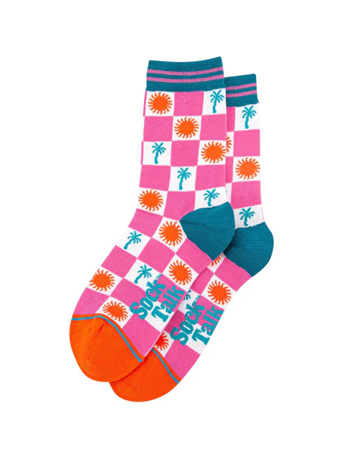 Sock Talk - Palm Tree Sun Checkerboard Bamboo Socks in Pink