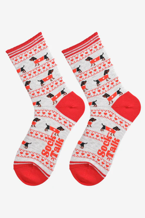 Sock Talk Women's Bamboo Socks Faire Isle Dog - Grey/Red