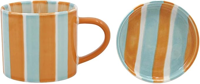 Lesser & Pavey - Hand Painted Ceramics Stoneware Stripes Mug & Coaster 360ml Green & Orange
