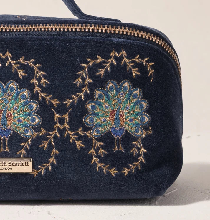 Elizabeth Scarlett - Botanical Peacock Velvet Open Flat Makeup Bag