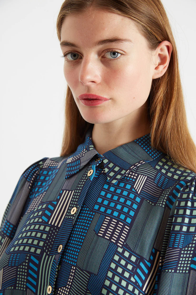Louche Melly Geo Print Mini Shirt Dress - Blue