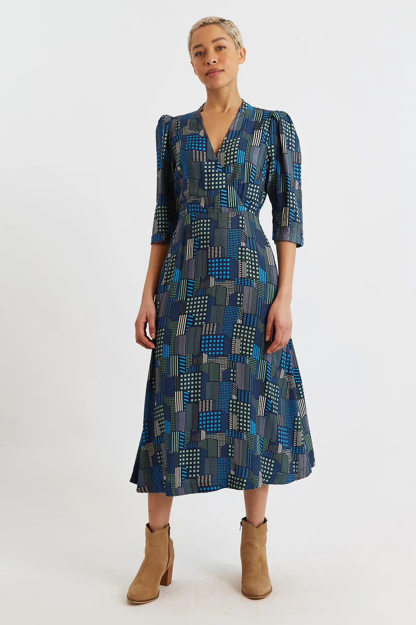 Louche Metea Geo City Wrap Midi Dress Blue Lark London