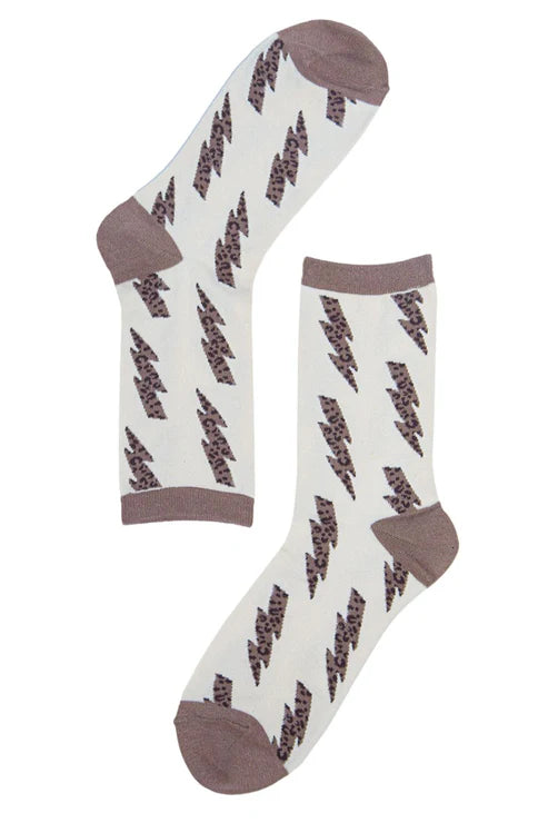 Sock Talk - Womens Bamboo Socks Leopard Print Socks Lightning Bolts Neutral