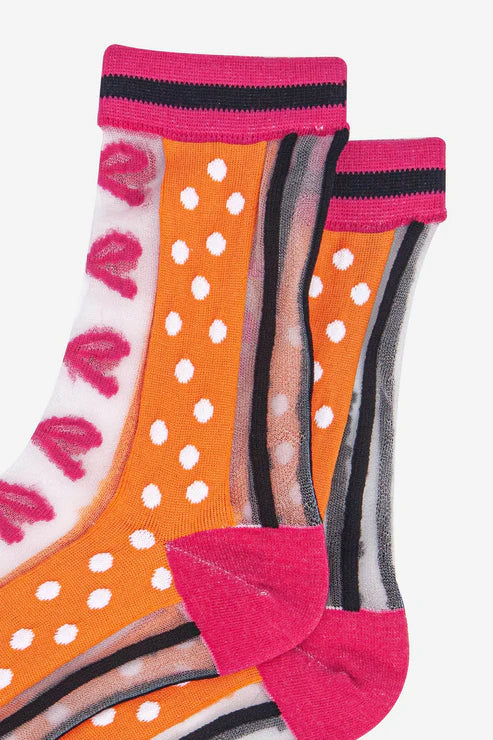 Sock Talk Women's Sheer Ankle Socks- Orange/Hot Pink, Stripe & Bow