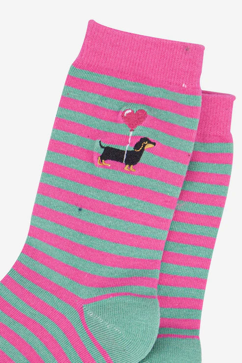 Sock Talk Women's Embroidered Ankle Socks- Pink, Sausage Dog Stripe