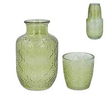 Gisela Graham - Glass Water Carafe Set - Olive Green Daisy