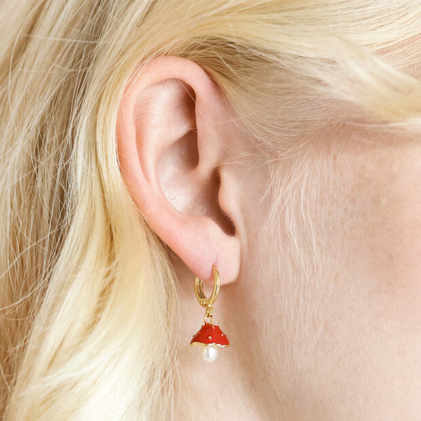 Lisa Angel Enamel Toadstool & Pearl Huggie Hoop Earrings Gold