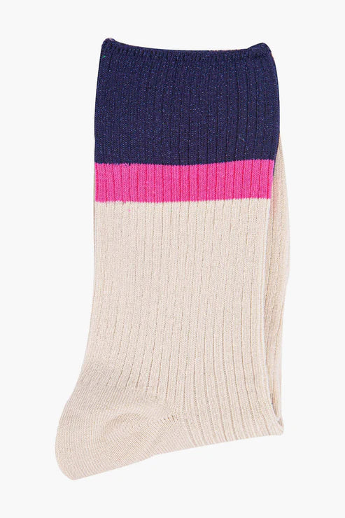 Sock Talk Women's Mid-Calf Socks- Cream/Navy Blue, Contrast Cuff