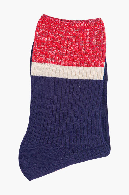Sock Talk Women's Mid-Calf Socks- Navy Blue/Red, Contrast Cuff