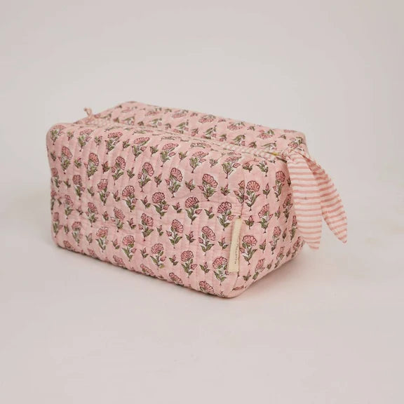 Paper Mirchi - Organic Cotton Block Printed Wash Bag - Pink Floral, Large