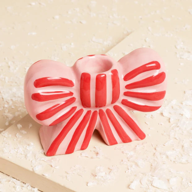 Lisa Angel - Pink and Red Striped Bow Ceramic Candle Holder