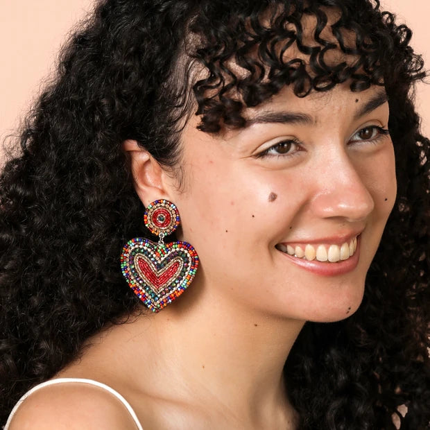 Lisa Angel Rainbow Beaded Heart Drop Earrings