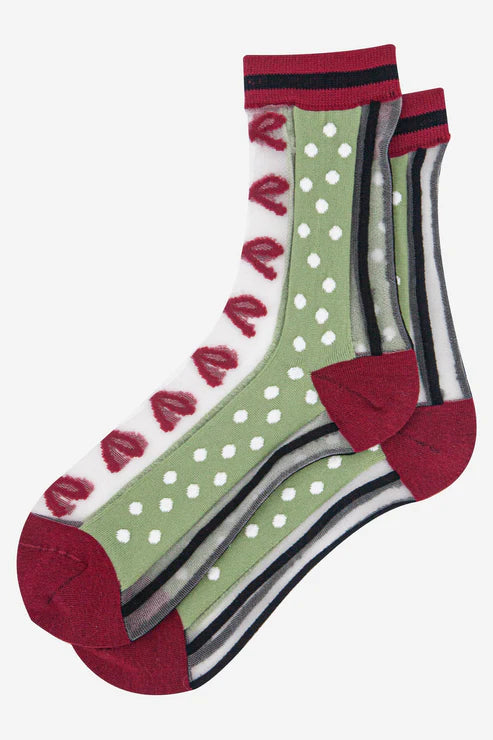 Sock Talk Women's Sheer Ankle Socks- Green/Red, Stripe & Bow