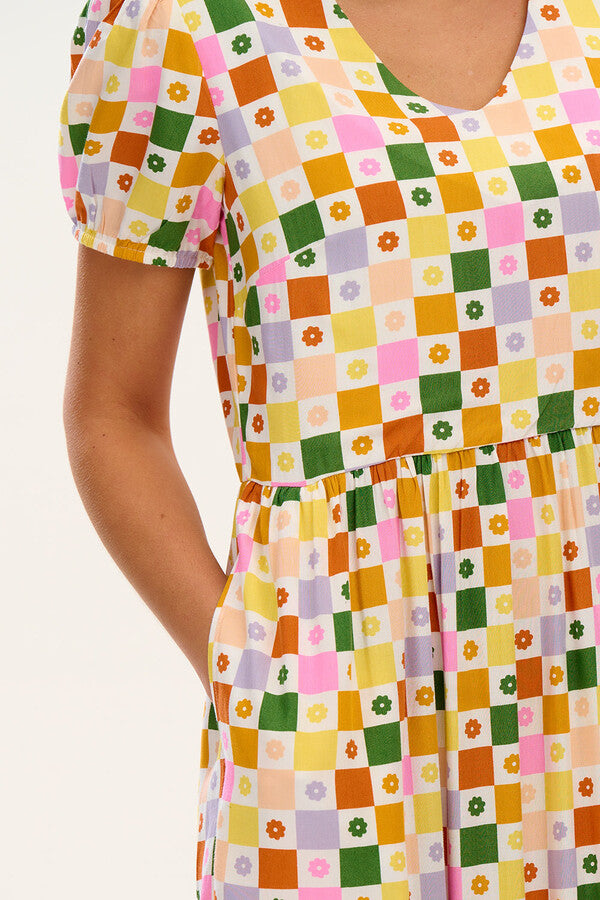 SugarHill Brighton Belinda V-Neck Maxi Smock Dress - Floral Checkerboard