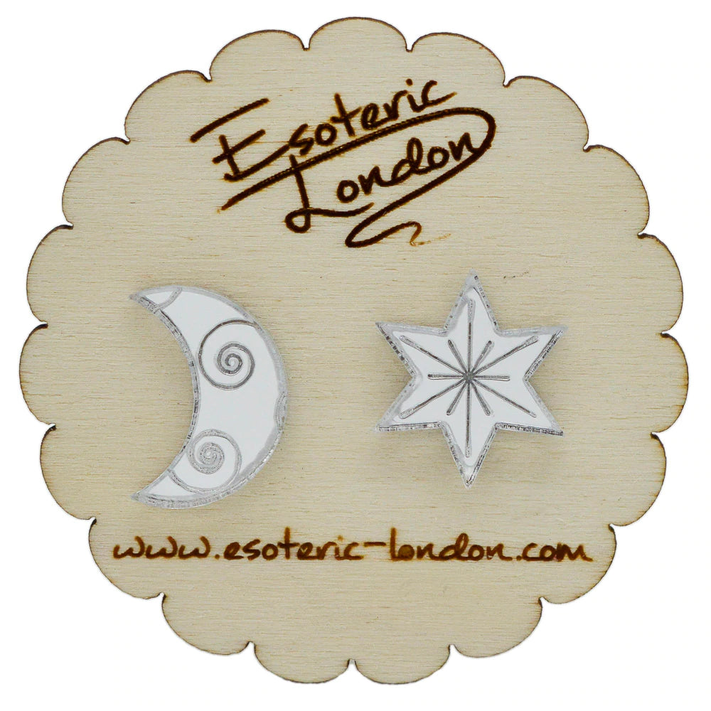 Esoteric London STAR AND MOON MIRRORED STUD EARRINGS