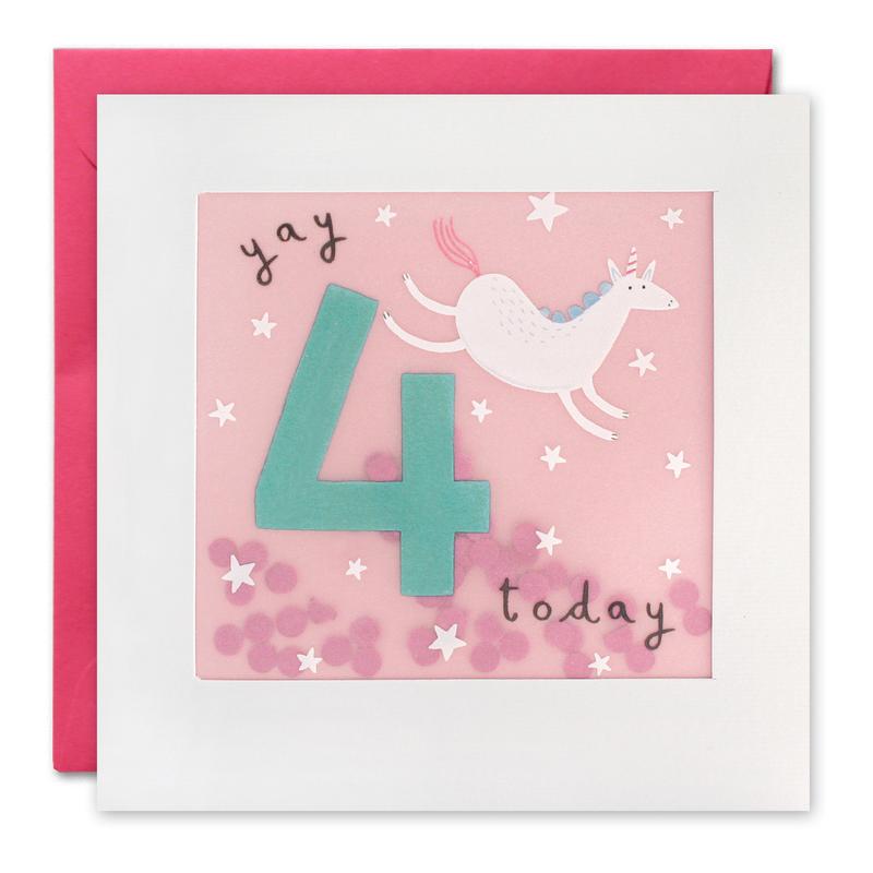 Age 4 Unicorn Paper Shakies Card