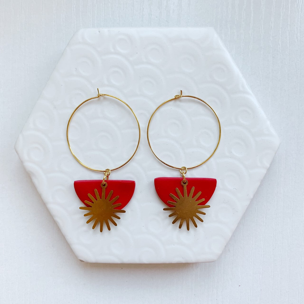 Kismet Klay Orange and Gold Sun Charm Hoop or Hook Earrings