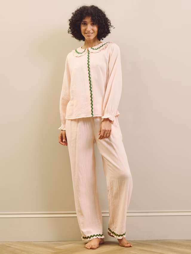 Their Nibs - Womens dbl gauze frill collar pyjamas rose water green contrast trim