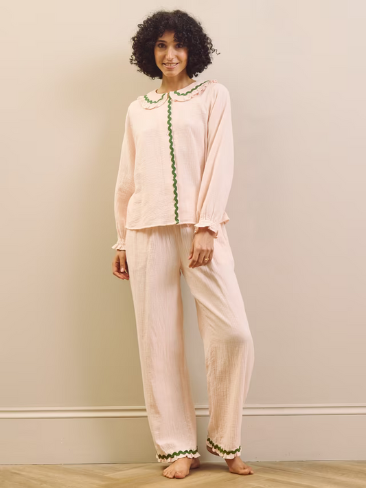 Their Nibs - Womens dbl gauze frill collar pyjamas rose water green contrast trim