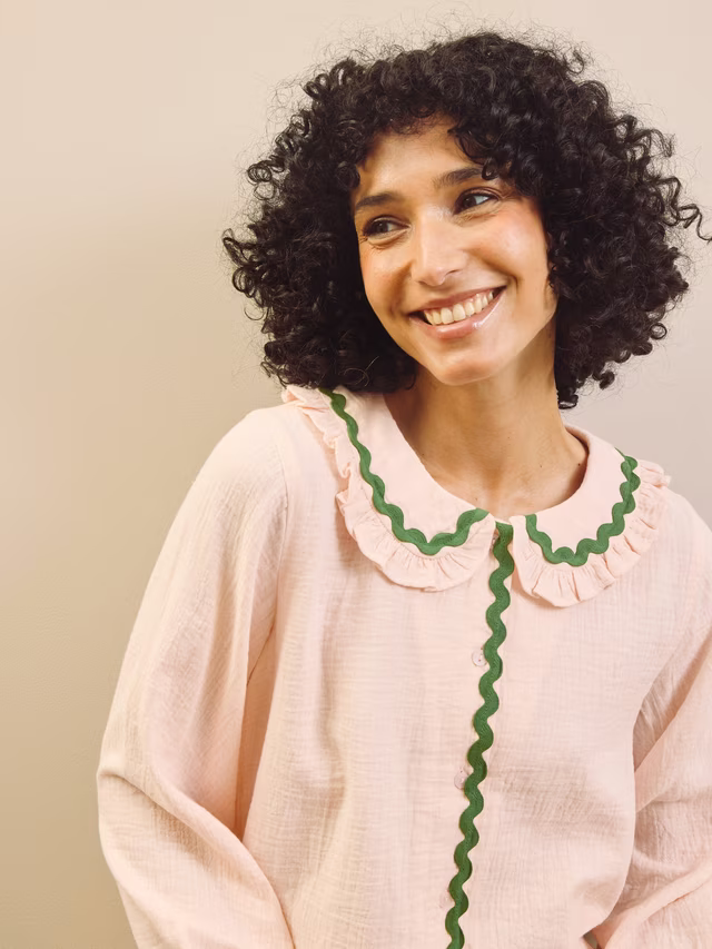 Their Nibs - Womens dbl gauze frill collar pyjamas rose water green contrast trim