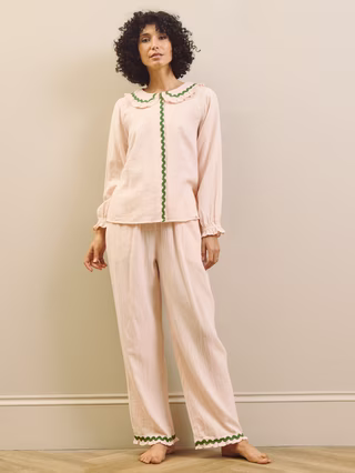 Their Nibs - Womens dbl gauze frill collar pyjamas rose water green contrast trim