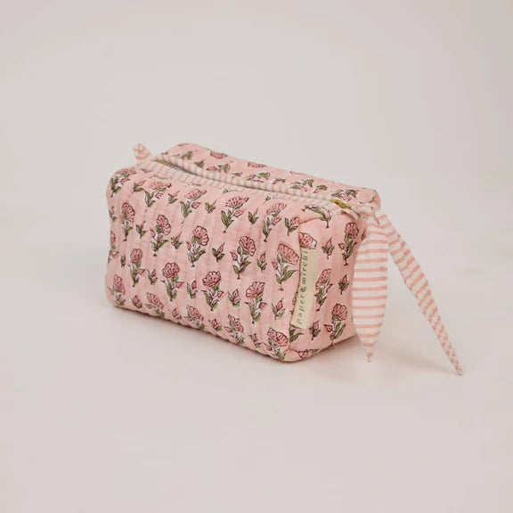 Paper Mirchi - Organic Cotton Block Printed Wash Bag - Pink Floral, Small