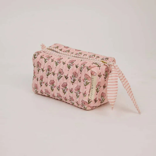 Paper Mirchi - Organic Cotton Block Printed Wash Bag - Pink Floral, Small