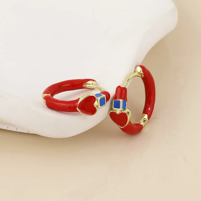 POM - 14k Gold plated waterproof Earrings Hoop Soda Heart red & blue