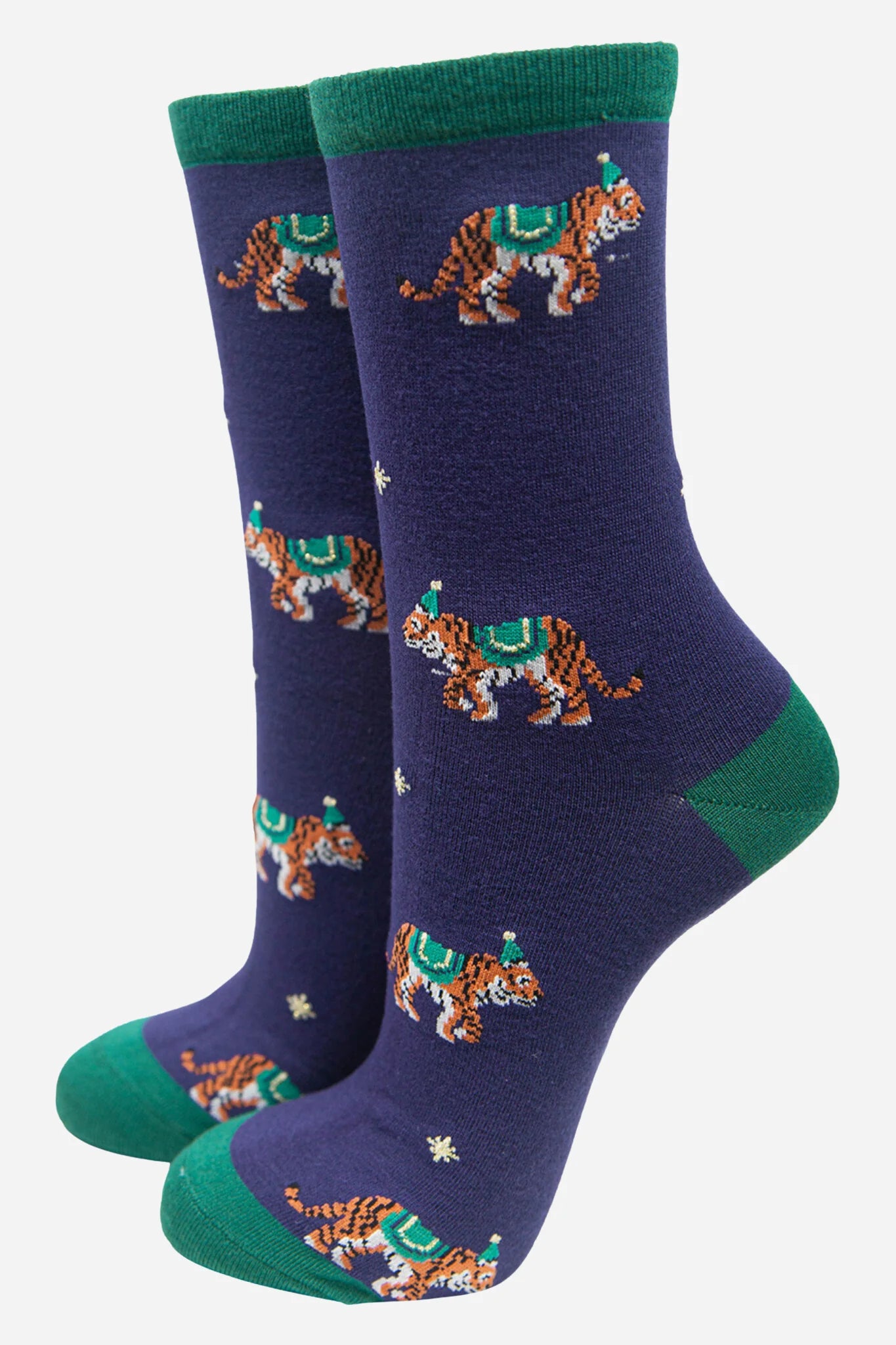 Sock Talk Women's Bamboo Socks Tiger Print Party Animal Ankle Socks Navy Blue