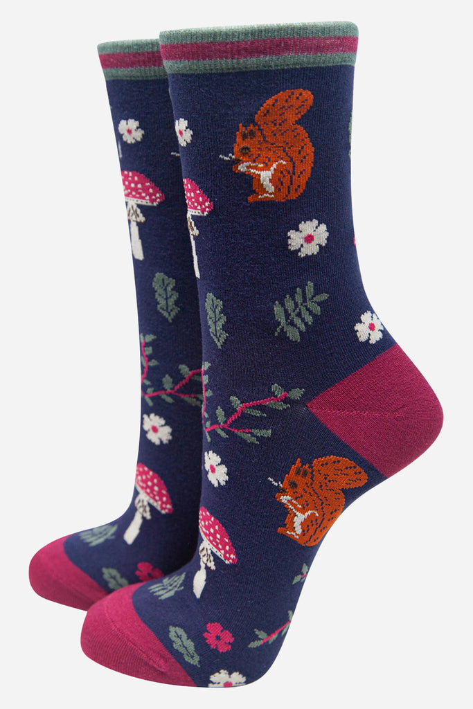 Sock Talk Women's Bamboo Socks Squirrel Ankle Socks Woodland Animals Toadstools Blue