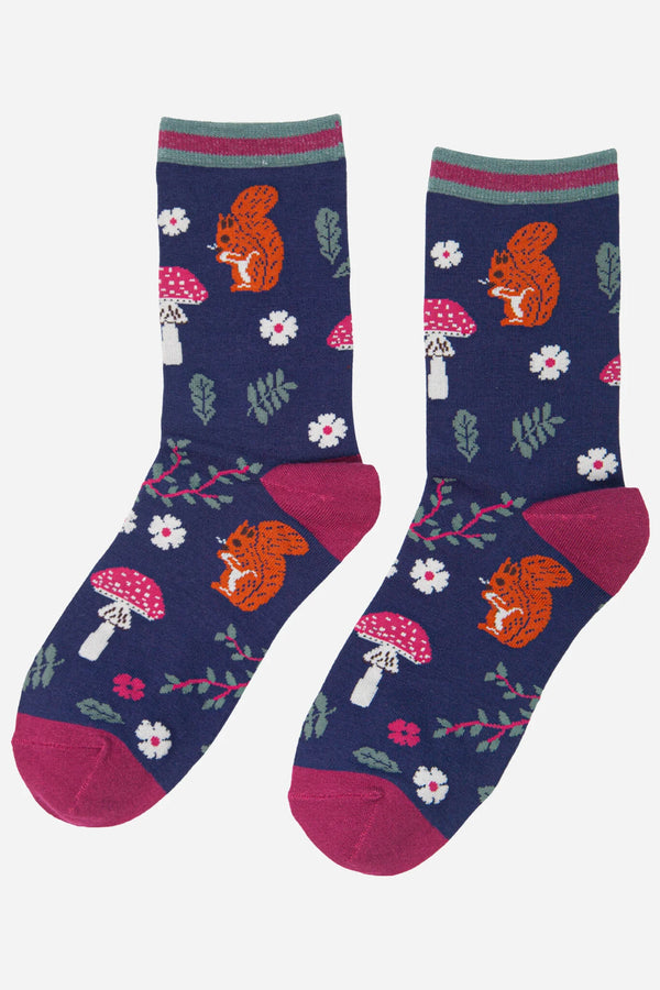 Sock Talk Women's Bamboo Socks Squirrel Ankle Socks Woodland Animals Toadstools Blue