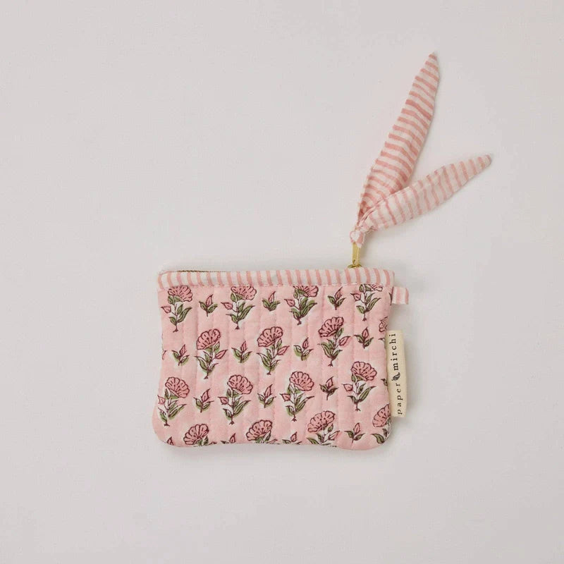 Paper Mirchi - Organic Cotton Block Printed Mini Zipped Pouch - Pink small