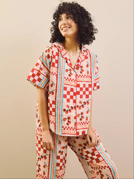 THEIR NIBS - Womens Voile Oversize Pyjamas Pink Tomato Kisses
