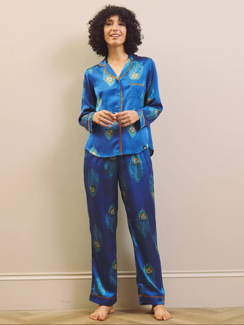 Their Nibs - Womens Satin Traditional Pyjamas Navy Peacock Feather