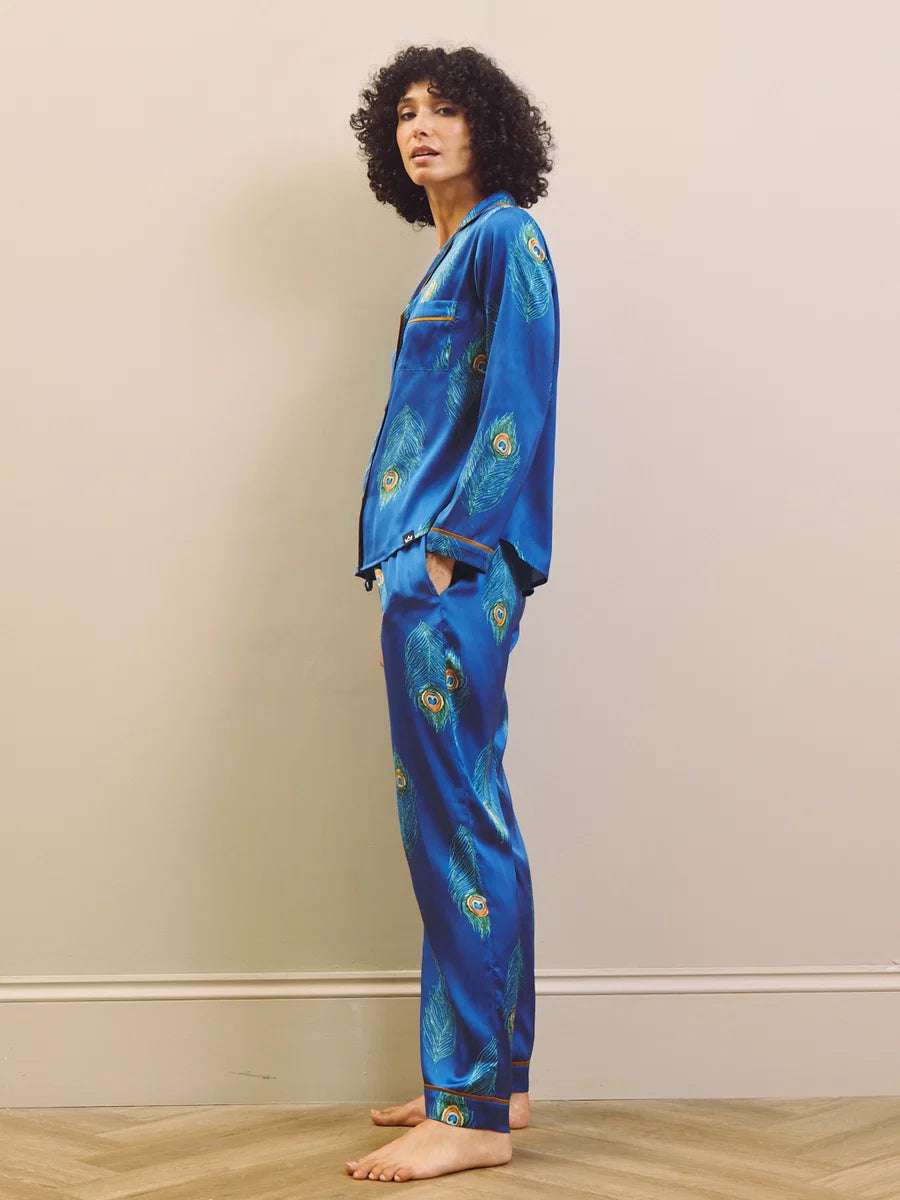 Their Nibs - Womens Satin Traditional Pyjamas Navy Peacock Feather
