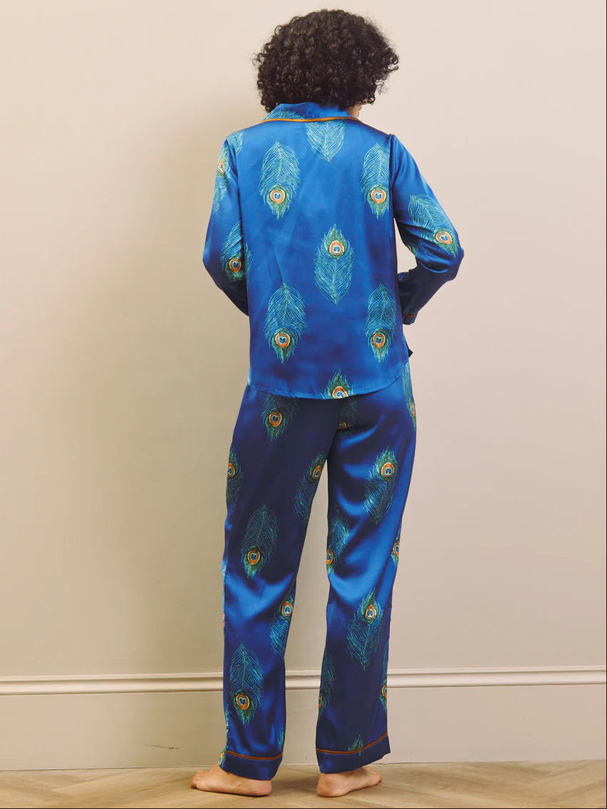 Their Nibs - Womens Satin Traditional Pyjamas Navy Peacock Feather
