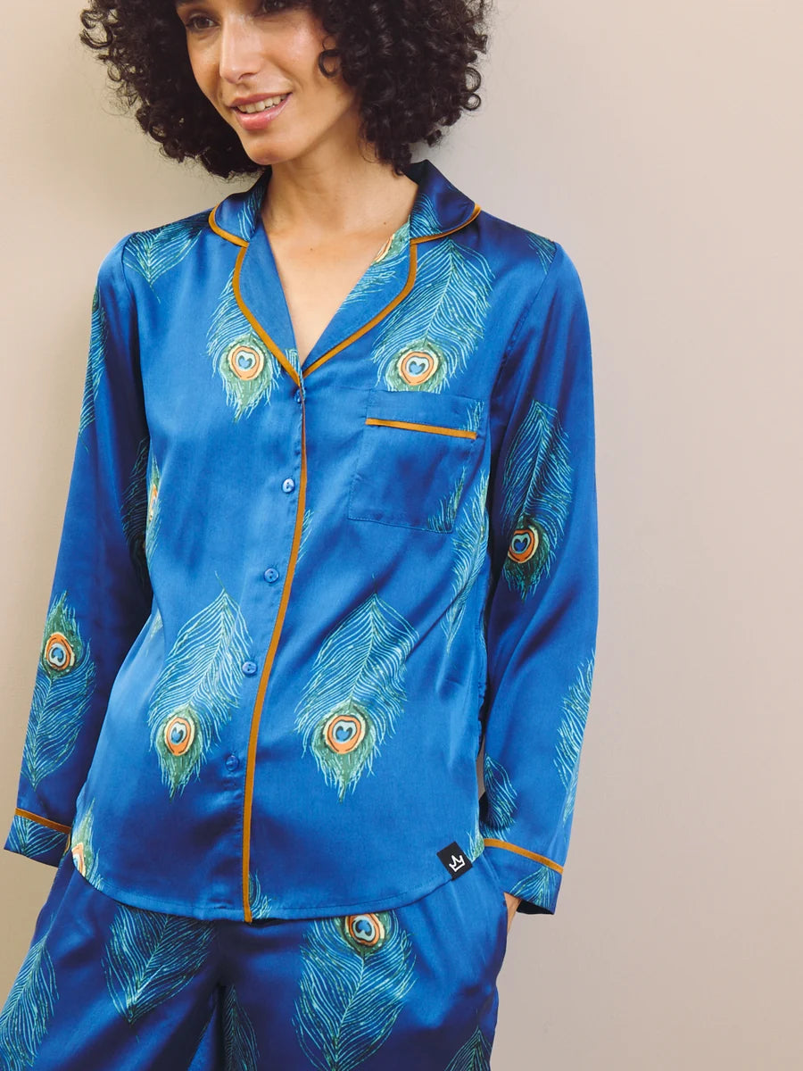 Their Nibs - Womens Satin Traditional Pyjamas Navy Peacock Feather