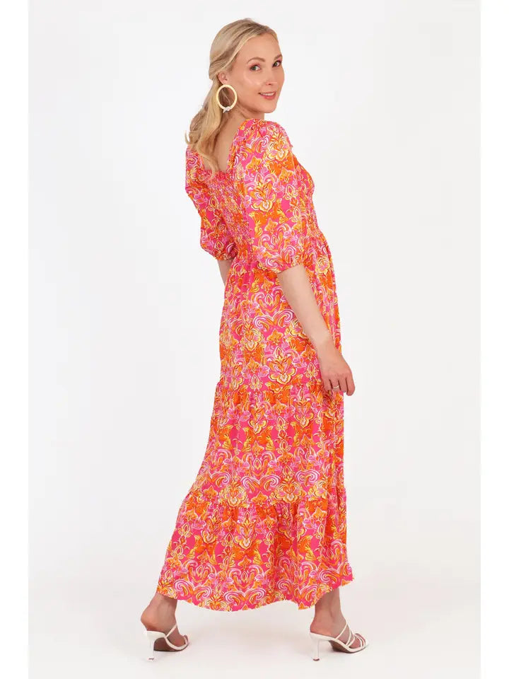 Sarta - Tiered Maxi Milkmaid Dress - Pink, Fleur de Lis