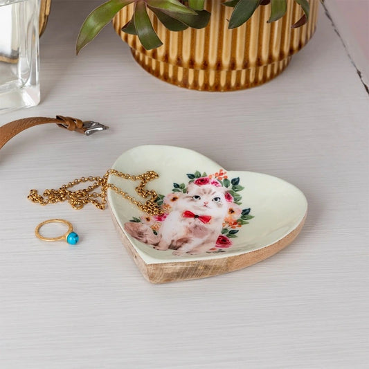 Rex London - Wooden heart-shaped trinket dish - Cat