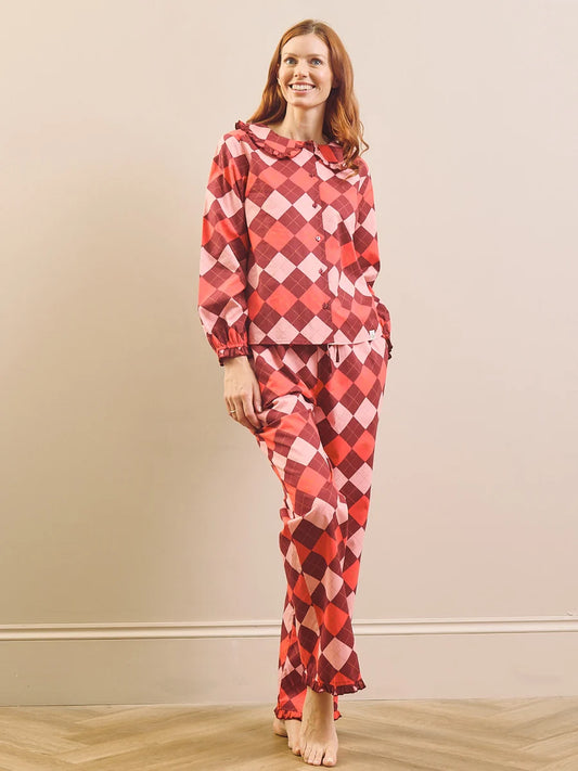 Their Nibs - Raspberry Sorbet Argyle Cotton Frill Collar Pyjama Set