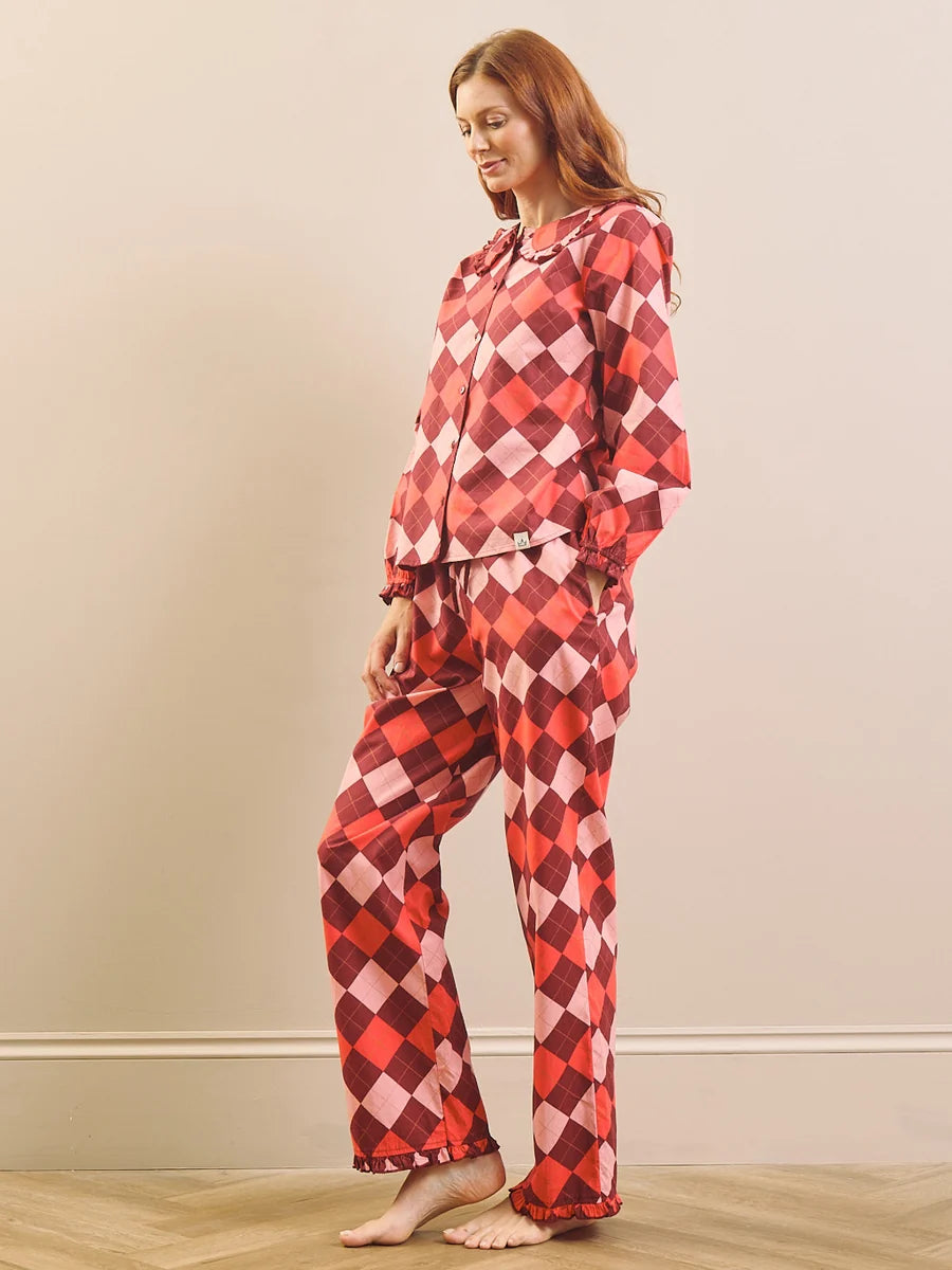 Their Nibs - Raspberry Sorbet Argyle Cotton Frill Collar Pyjama Set
