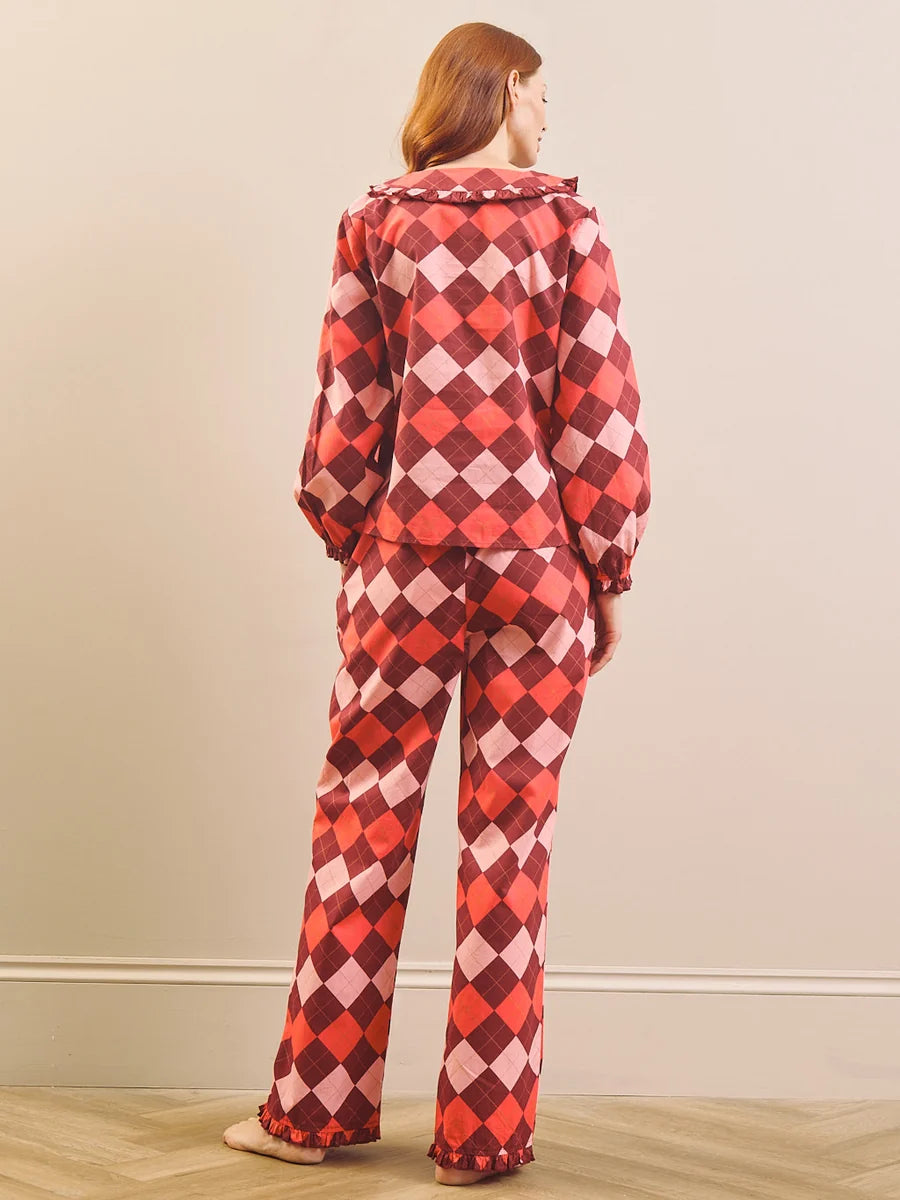 Their Nibs - Raspberry Sorbet Argyle Cotton Frill Collar Pyjama Set