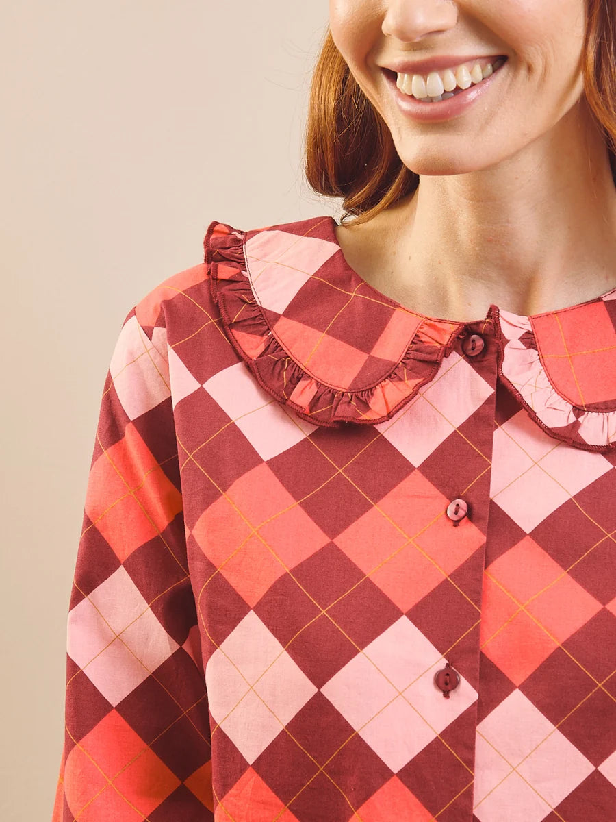 Their Nibs - Raspberry Sorbet Argyle Cotton Frill Collar Pyjama Set