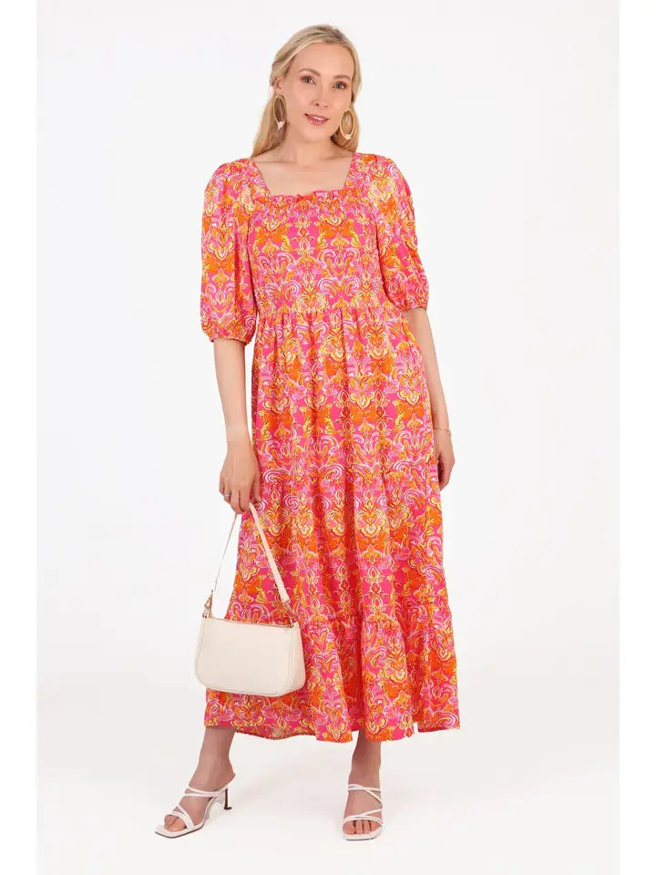 Sarta - Tiered Maxi Milkmaid Dress - Pink, Fleur de Lis