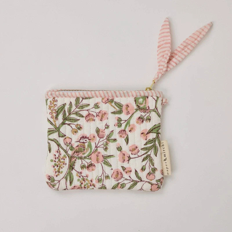 Paper Mirchi - Organic Cotton Block Printed Mini Zipped Pouch - Pink